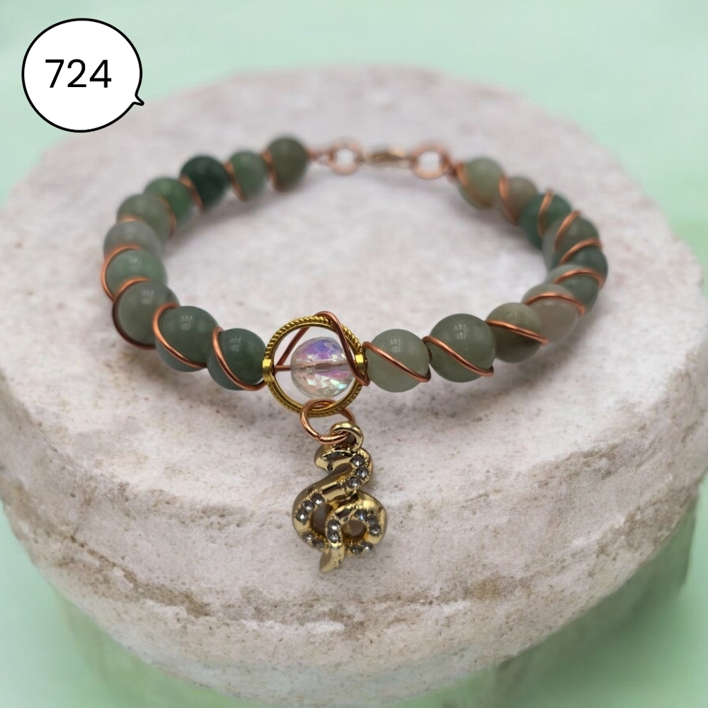 Green Aventurine Beaded Bracelet with Gold Snake Charm | Wire Wrapped Gemstone